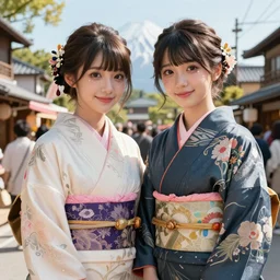 loish, cryengine, hyper details, good looking, realistic shaded lighting poster by artgerm, 4 k realistic, sunny, trending on artstation, realistic shaded, dreamlike art, big eyes, 8 k resolution, luxury, fuji choko, ross tran, two beautiful fashion anime girls wear fantasy kimono in festival, smile