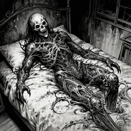 a scary presence is lying on my bed, it occupies the whole room and it is ruthless, it is made of unknown materials, insanely detailed, sci - fi, abstract horror, in the style of james ballard, manga by tatsuki fujimoto