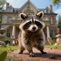 raccoon rogue escaping a mansion he robbed, cinematic, detailed, d & d, colorful, hyperrealistic, trending on artstation