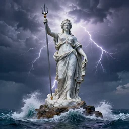 Gigantic marble statue of the Goddess of the sea wielding a trident on an island. Roiling waves at the base. Scene lit by lightning. Thunderclouds in the background. Fantasy setting. Magic. Extremely detailed. Fantasy art style. 4k -H 1024 -W 512