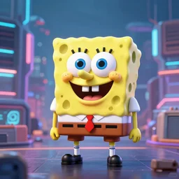 3 d render of spongebob in a cyberpunk city, octane 3 d render