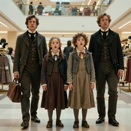 sharp, highly detailed, 153600k film, 140000mm frame still from a sci fi blockbuster color movie made in 2019, a family of four time travelers from 1860 travel in time to 2019, appearing in a shopping mall, looking surprised, the family are all wearing 1860s era clothes, cinematic lighting, in focus, cinematic still, extremely high quality scan, in focus, 350mm f/1.4L lens