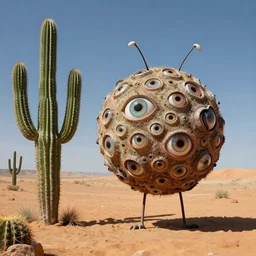 ball creature covered with eyes, with two antennas, in the desert next to a cactus, d & d, fantasy, greg rutkowski, frank frazetta, alexandre chaudret, boris vallejo, michael whelan, miro petrov, hr giger, magali villeneuve, donato giancola