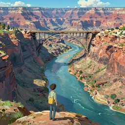concept art painting of a grand canyon with ocean inside, giant river, with unfinished bridge under construction, realistic, detailed, cel shaded, in the style of makoto shinkai and greg rutkowski and james gurney