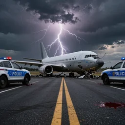 creepy low angle shot of a airplane crash on the street with police cars, blood splatter, moody lightning, rule of thirds, golden ratio, 8 k, realistic shading, octane render