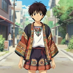 a beautiful! boyish! amber midthunder alluring gravure! model, wearing japanese school girl outfit with mayan pattern and native style, aztec street fashion, gapmoe yandere grimdark, trending on pixiv fanbox, painted by greg rutkowski makoto shinkai takashi takeuchi studio ghibli, akihiko yoshida