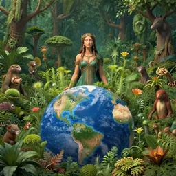 earth goddess surveys her domain, copious lifeforms surround, plants erupting from the ground, high detail