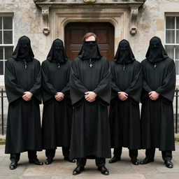 The Old Overseers of Planet Earth, masked men in black robes, gerald brom style