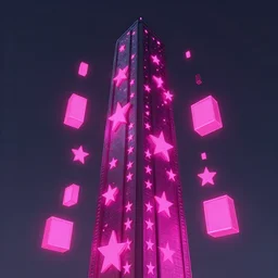 a tower with walls showing stars, glowing neon pink blocks floating around, by peter mohrbacher dan mumford craig mullins nekro, cgsociety, pixiv, volumetric light, 3 d render