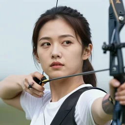 photo realistic, consistent and highly detailed face, a attractive woman in archery, hunting - bow, uhd 8 k, highly detailed
