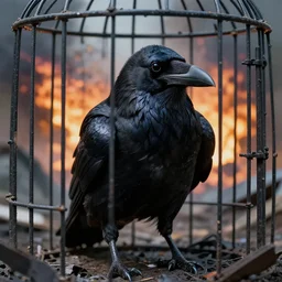 postapocalyptic picture, close up of black raven locked inside cage, very emotional, ruins around, nuclear explosion, erik johansson style, conceptual art, the last day on the earth, insane detail, hyper realistic 8 k textured