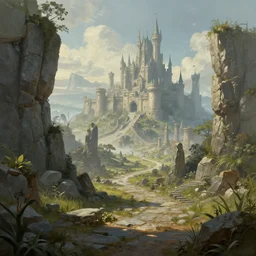 The Sci-Fi stone landscape with castle in the distance wallpaper, d&d art, fantasy, painted, 4k, high detail, sharp focus