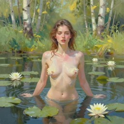 full body portrait of a beautiful woman bathing in a shallow pond, front facing her body obscured by water lilies, aspen grove in the background, by Jeremy Mann, stylized, detailed, loose brush strokes, pastel colors, green and yellow tones