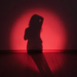 she can see her own shadow cast in red light and outlined on the floor below her