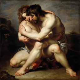 oil painting of hercules hugging a giant red foot. tiepolo, 1 7 3 6
