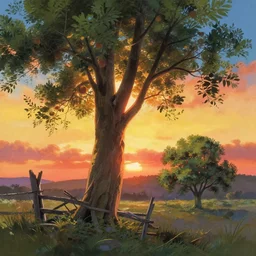 dramatic sunset backlight ash tree, broken fence, apple tree, ciny panorama far away, gouache matte painting by pixar studio makoto shinkai