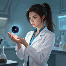 a league of legends concept art of a beautiful young female scientist in a laboratory holding in her hands a small black hole, art by cushart krentz, ponytail, elegant, sharp focus, morandi color scheme, illustration, high quality, highly detailed, digital art, hyperrealism