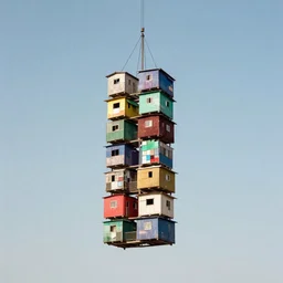 a suspending tower made up of colourful makeshift squatter shacks, mamiya, 8 5 mm, f 1. 7, uniform plain sky, digital glitches, photographed by julie blackmon and tim walker