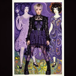 cute punk goth fashion fractal Róisín Murphy posing by Zhang Jingna, poster art by Hannah Höch Victor Moscoso Dan Mumford Kilian Eng Hannah Jeffrey Smith Rick Griffin Alphonse Mucha Gustav Klimt Ayami Kojima Amano Charlie Bowater, violet and black