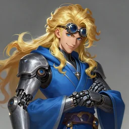 a highly detailed illustration of thick wavy bright blonde haired effeminate boy wearing blue robe and goggles and iron cybermechanical arms, blue eyes, dramatic smiling pose, intricate, elegant, highly detailed, centered, digital painting, artstation, concept art, smooth, sharp focus, league of legends concept art, wlop