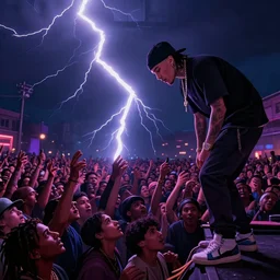 Lightning strikes while rapper leaning over huge crowd reaching up to him, digital art, vapor wave, hip hop, surreal, trending on Artstation, professional artist, detailed, 4k
