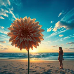 closeup giant dahlia flower head, girl on beach, surreal photography, blue sky, sunrise, dramatic light, impressionist painting, digital painting, artstation, simon stalenhag