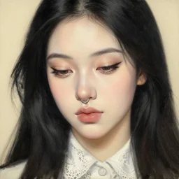 a detailed oil sketch of a beautiful pale skin girl with long balck hair hairstyle, the corners of the brown eyes with very long eyelashes are turned down, small nose with piercing ring in a white lace collar shirt, big lips, by francisco goya