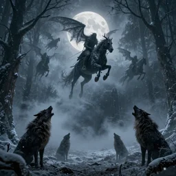the wild hunt, otherworldly spectres riding in the sky, wraiths of morhogg, bad omen, enchanted forest, blizzard storm, fog, full moon, twilight, snowy environment, howls in the night, in the style of the witcher series, hyperrealism, atmospheric, cinematic, breathtaking, award winning, groundbreaking, octane render, unreal 5, intricate digital art, sharp focus, 8 k high resolution
