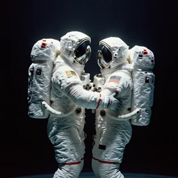 astronauts hugging in the dark infinite underwater void - complex and hyperdetailed technical suit, fabric material. reflection and dispersion materials. contour lighting. rays and dispersion of light. volumetric light. 5 0 mm, f / 3 2. noise film photo. flash photography. ultra realistic, wide angle. poster by wayne barlowe, hajime sorayama aaron horkey, craig mullins