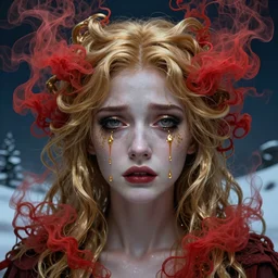 crying symmetrical face of gorgeous goddess with epic golden hair made of red smoke and ash with golden tears, art by zdzisław beksinski, deep eyes, dark blue atmosphere, snow landscape background, concept art, artstation, art by anato finnstark