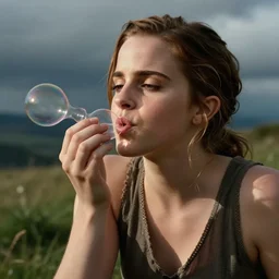 emma watson blowing peach bubbles