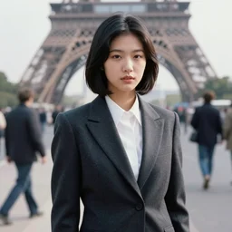 ektachrome, highly detailed : youthful asian demure, perfect feminine features, incredibly realistic, beautiful three point perspective portrait photo in style of chiaroscuro style 1 9 9 0 s frontiers in flight suit cosplay paris street photography, cool haircut, athletic model, vogue italia fashion edition