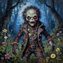 a pretty but sinister and creepy monster in layers of fear decoupage, with haunted eyes, wearing punk clothing, violence in his eyes, 1 9 7 0 s, seventies, delicate embellishments, a little blood, woodland, blue dawn light shining on wildflowers, painterly, offset printing technique, by walter popp, alexandre cabanel