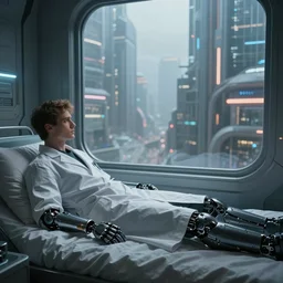 an intricate concept art of a man in his bed wearing a lab gown with mechanical arm, overlooking a futuristic city in the window, concept art, style by dylan cole and tyler edlin art, hyper realistic, sci - fi, cinematic, low - angle shot, unreal engine, epic lighting, artstation