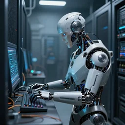 high detailed industreal cyborg working in sci - fi server room. cinematic octane render from odyssey 2 0 0 1 by stanley kubrick