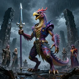 a reptile bird monster chimera hybrid with claws fangs bristles feathers tails wearing surreal clothes wielding excalibur, on a dark alien world with imposing stone ruins, during a hail storm, in the style of boris vellejo, julie bell, giger, gerald brom, leng jun, fantasy, dramatic studio lighting, wide angle, science fiction, vibrant, octane render 8 k