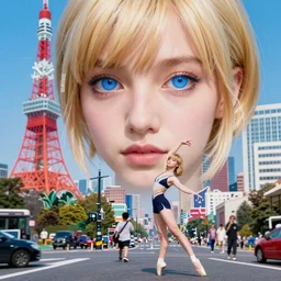 Cinestill 50d,8K,highly detailed: beautiful three point perspective extreme closeup portrait photo in style of 2000s frontiers in cosplay retrofuturism tokyo H.G Giger seinen manga street photography fashion edition, tilt shift zaha hadid style anime tokyo background, highly detailed, focus on model;vaporwave ;blonde hair;blue eyes;pointé pose, clear eyes, soft lighting