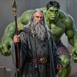 film still of gandalf starring as the hulk in the new avengers movie, oil on canvas, intricate, 8 k highly professionally detailed, hdr, cgsociety
