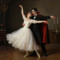 “a vampire dancing with her wife, style of Edward Gorey”