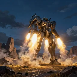 armored core v by liam wong, booster flares, laser rifles, smoke, karst landscape, outdoor, dark blue sky, clouds, wilderness ground, golden time, twilight ; wide shot, digital painting, cinematic contrast, dynamic backlighting, sharp edge, motion blur, photoreal