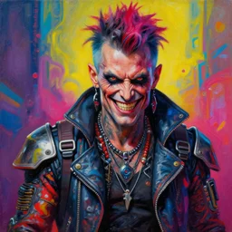 a portrait of an apocalyptic scifi punk rock biker by michael whelan, psychedelic vibrant colors, futuristic punk rock fashion, oil painting by michael whelan art, sharp focus, realistic, grizzled face, devilish grin, highly detailed, 8 k