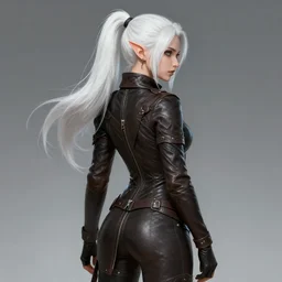 backveiw picture of elf rogue, female, white skin, ponytails, skintight leather clothes, short coat, face details, extremely detailed, smooth, sharp focus, digital illustration, by artgerm, rossdraws, sakimichan