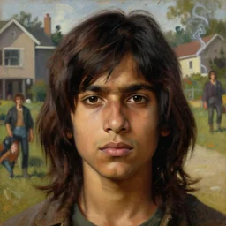 a beautiful cinematic masterpiece classical headshot closeup portrait of a stoner indian boy, strong jawline, matted medium long hair, stoned, tripping, centered, head only, by ralph mcquarrie, by willem claesz. heda, by tim hildebrandt, by greg rutkowski, oil on canvas, ornate, suburban, brilliant lighting, smoke, chiaroscuro, detailed, no frames, 8 k