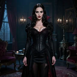 megan fox posing as a vampire in gothic clothing in an dark gothic apartment