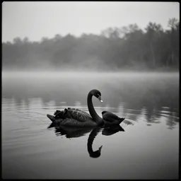 lake by Andrei Tarkovsky, black swan , mist, lomography effect, photo, monochrome, photo blurring, 35mm