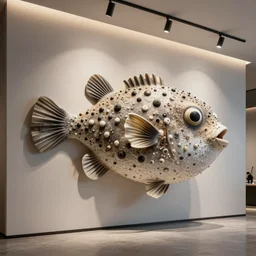 : puffer fish pattern sculpture art on the wall in modern architecture studio, cinematic lighting, hyper - realistic, detailed, render by c 4 d octane, unreal engine, 8 k 3 d render