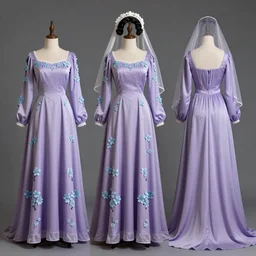 character costume setting sheet, costume design, a lilac long gown with light blue cherry blossoms, long sleeves, and a veil headpiece, full body, vintage, highly detailed, outfit, 4 k, photo realistic, cinematic