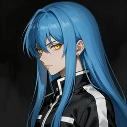 profile shot of rimuru tempest, sky blue straight hair, long bangs, gold eyes, smug, wearing a black jacket with white stripes, high collar, ultra detailed, brush strokes, digital painting, cinematic, artstation wlop, closeup, pixiv, high contrast, eerie, scary, yoshitaka amano, andy warhol, junji ito