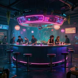 photo environment cyberpunk bar : 4, 4 k rtx hdr volume light concept studio matte painting environment digital illustration style cyberpunk 2 0 7 7 artstation, by mihai muscan, by marta leydy, by marcin stepien, charlotte hughes, zuzanna dabrowa, neon bioluminiscence
