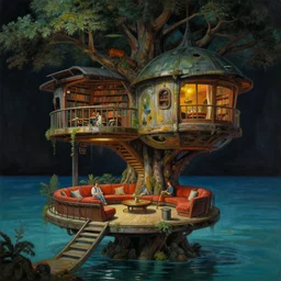 a scene of futuristic treehouse lounge and library by water. highly detailed science fiction painting by norman rockwell, frank frazetta, and syd mead. rich colors, high contrast, gloomy atmosphere, dark background. trending on artstation